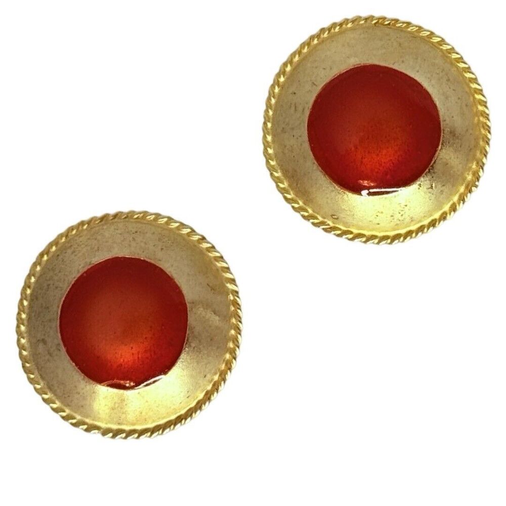 Gold-Tone Button Clip On Earrings 1" Statement Glass Jewelry, Unique